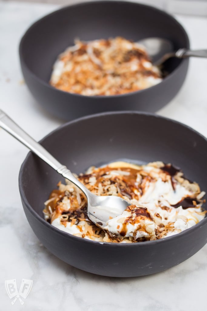 5-Ingredient Samoa Cereal Bowls: This quick & easy 5-ingredient Greek yogurt cereal bowl features toasted coconut + Rice Krispies - an ode to one of my favorite cookies, the Samoa! #ReimagineYourCereal #CollectiveBias #ad