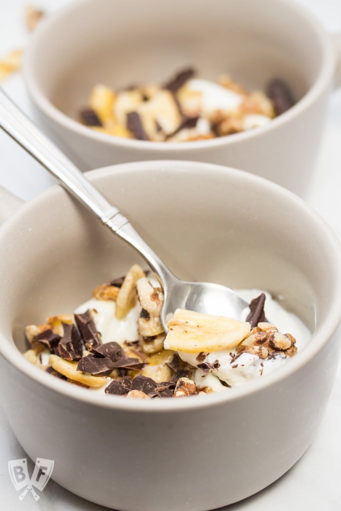 Chunky Monkey Greek Yogurt Parfaits: Chunks of premium dark chocolate, banana chips, toasted walnuts + a drizzle of honey bring these dessert-inspired breakfast parfaits to the next level! #StonyfieldBlogger #TheWholeYou #ad