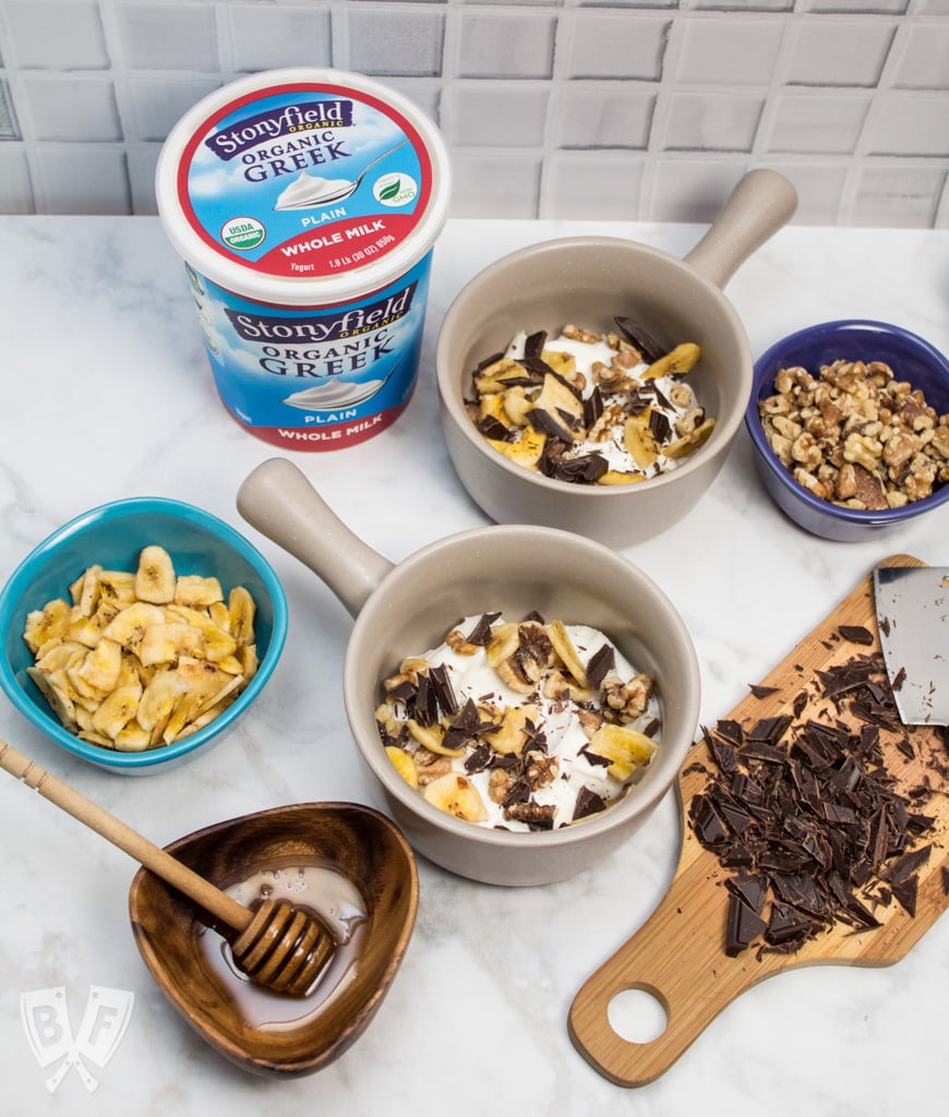 Chunky Monkey Greek Yogurt Parfaits: Chunks of premium dark chocolate, banana chips, toasted walnuts + a drizzle of honey bring these dessert-inspired breakfast parfaits to the next level! #StonyfieldBlogger #TheWholeYou #ad