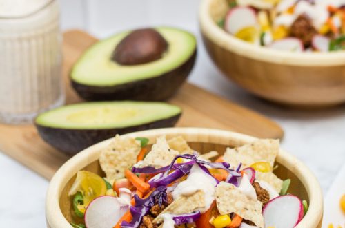 Taco Salad with Homemade Chipotle Ranch Dressing (#ad) is a healthier spin on Taco Tuesday that still packs lots of Mexican flavor. The homemade taco seasoning and chipotle ranch come together in a snap! #StonyfieldBlogger