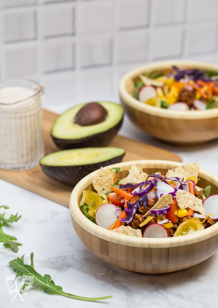 Taco Salad with Homemade Chipotle Ranch Dressing (#ad) is a healthier spin on Taco Tuesday that still packs lots of Mexican flavor. The homemade taco seasoning and chipotle ranch come together in a snap! #StonyfieldBlogger