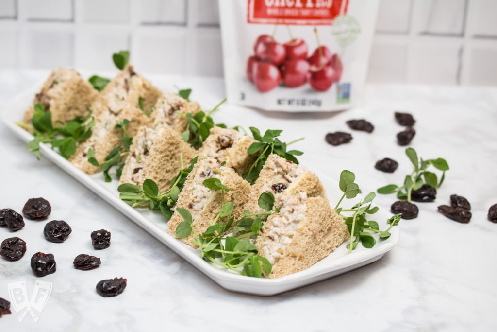 Turkey Salad Tea Sandwiches with Dried Cherries: Dried sour cherries add a pop of sweet-tart flavor to the turkey filling in this simple yet elegant tea sandwich recipe. Perfect party food! #ad