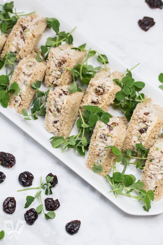 Turkey Salad Tea Sandwiches with Dried Cherries: Dried sour cherries add a pop of sweet-tart flavor to the turkey filling in this simple yet elegant tea sandwich recipe. Perfect party food! #ad