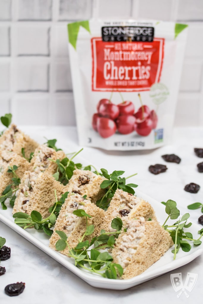 Turkey Salad Tea Sandwiches with Dried Cherries: Dried sour cherries add a pop of sweet-tart flavor to the turkey filling in this simple yet elegant tea sandwich recipe. Perfect party food! #ad