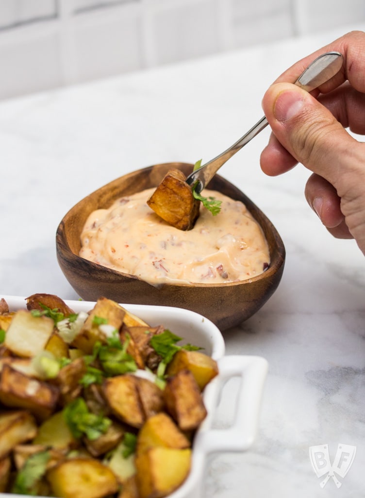 Patatas Bravas with Chipotle Aioli: (#ad) A Spanish tapas favorite that's easy to make at home using only a few ingredients! These crispy fried potatoes make a great addition to any meal. #chosenfoods #cocomayo #mambofoodie