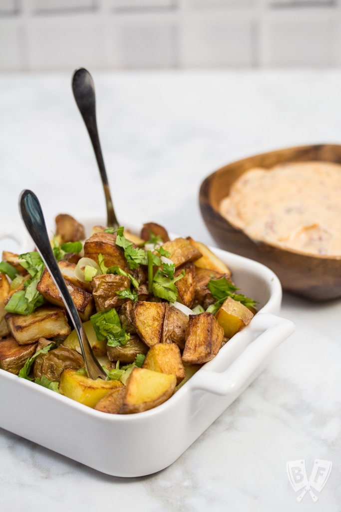 Patatas Bravas with Chipotle Aioli: (#ad) A Spanish tapas favorite that's easy to make at home using only a few ingredients! These crispy fried potatoes make a great addition to any meal. #chosenfoods #cocomayo #mambofoodie