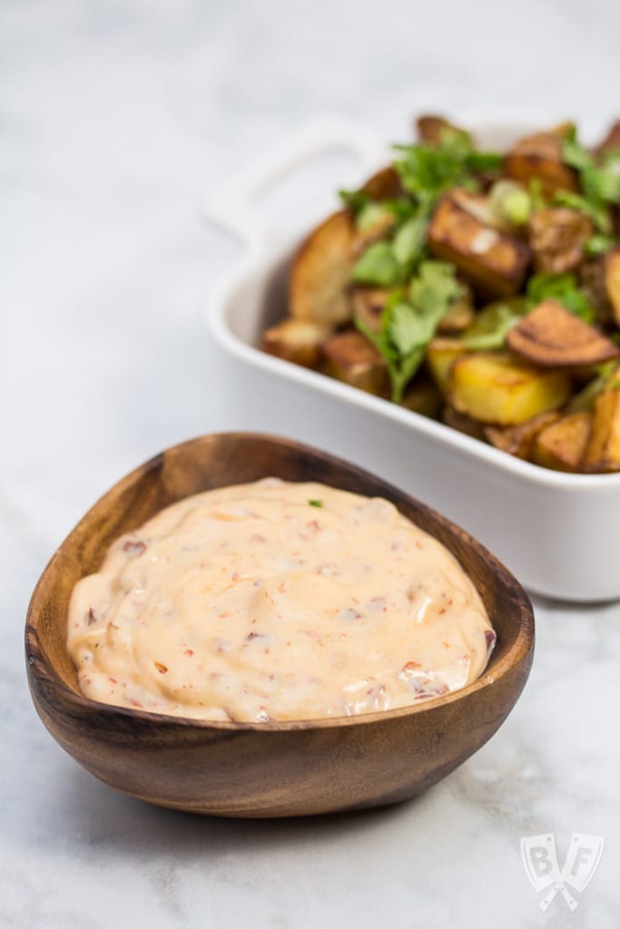 Patatas Bravas with Chipotle Aioli: (#ad) A Spanish tapas favorite that's easy to make at home using only a few ingredients! These crispy fried potatoes make a great addition to any meal. #chosenfoods #cocomayo #mambofoodie