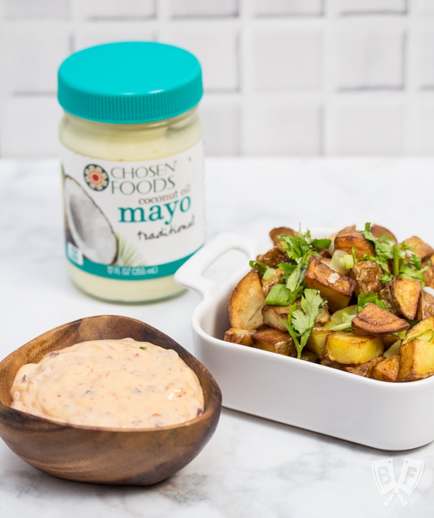 Patatas Bravas with Chipotle Aioli: (#ad) A Spanish tapas favorite that's easy to make at home using only a few ingredients! These crispy fried potatoes make a great addition to any meal. #chosenfoods #cocomayo #mambofoodie