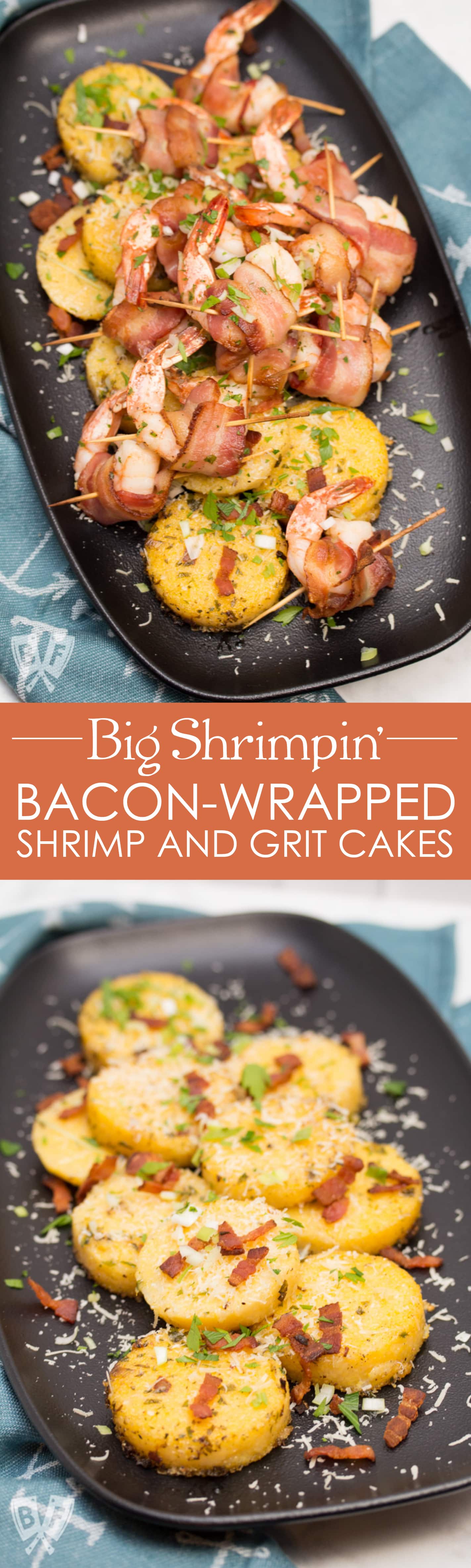 Big Shrimpin' Bacon-Wrapped Shrimp and Grit Cakes: Classic shrimp and grits gets an upscale makeover in this over-the-top, bacon-wrapped presentation. Easy, delicious, and sure to impress your dinner guests! #BaconMonth