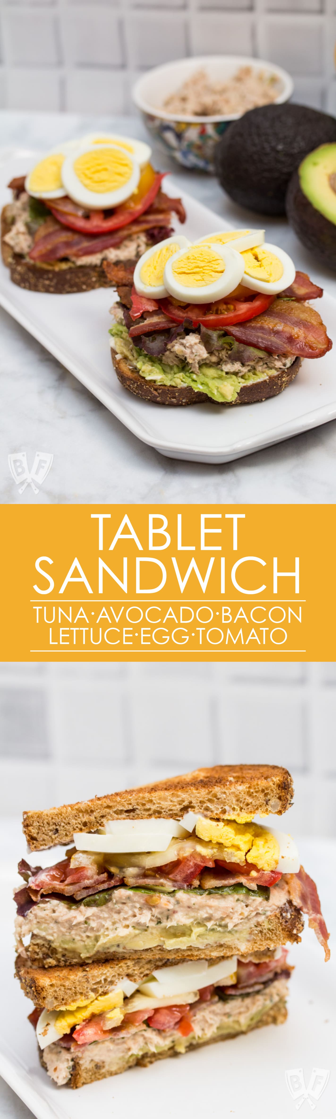 TABLET Sandwich: A classic BLT, tuna salad, and avocado toast join forces in this epic sandwich mashup! An easy, delicious lunchtime classic that's sure to be a hit! #BaconMonth