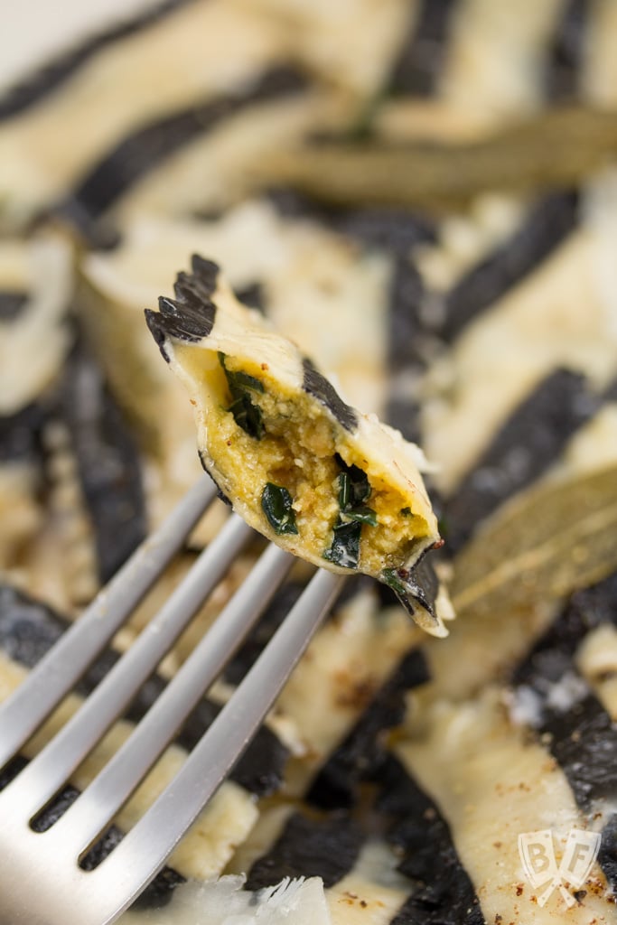 Ghost with the Most Roasted Sweet Potato Ravioli: Homemade black + white pasta is stuffed with roasted veggies, topped with brown butter sauce & crispy sage leaves in my Halloween tribute to Beetlejuice!