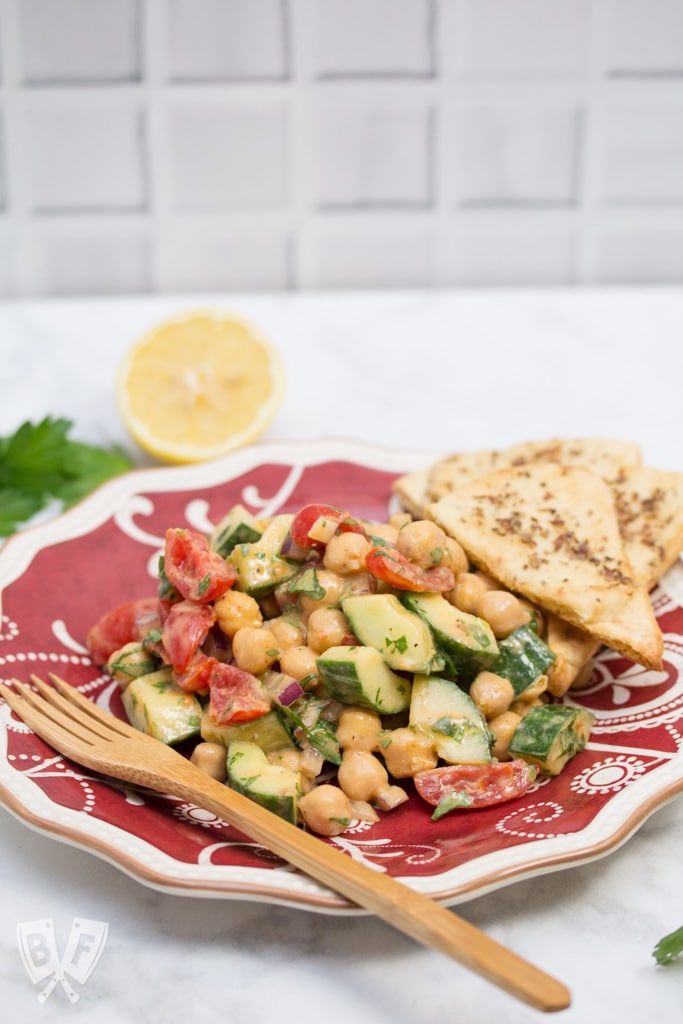 Falafel-Spiced Chickpea Salad with Plate of Tahini-Lemon Vinaigrette and pita chips.