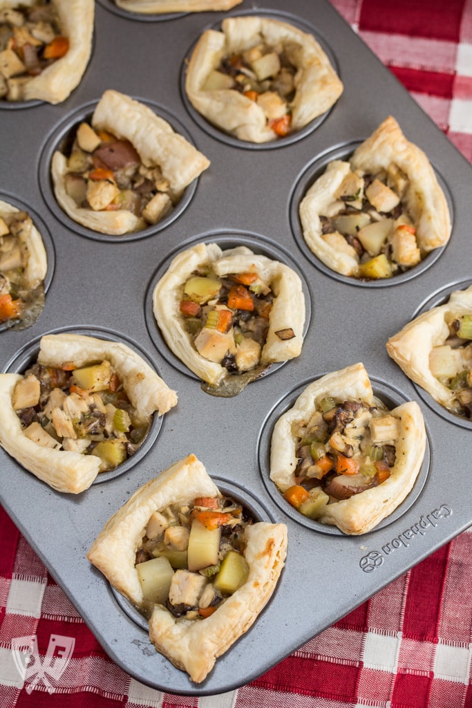 Puff pastry helps you make the most of your holiday leftovers with these easy bite-sized turkey pot pies. Perfect for Thanksgiving, Christmas or Easter!