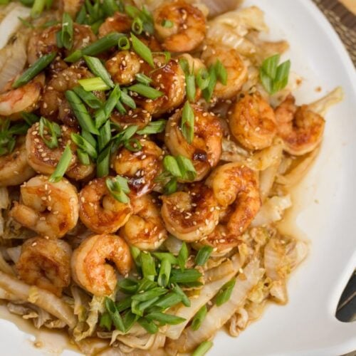 This Spicy Shrimp + Napa Cabbage Stir-Fry is a quick and delicious Chinese-inspired seafood meal. You won't even miss the rice!