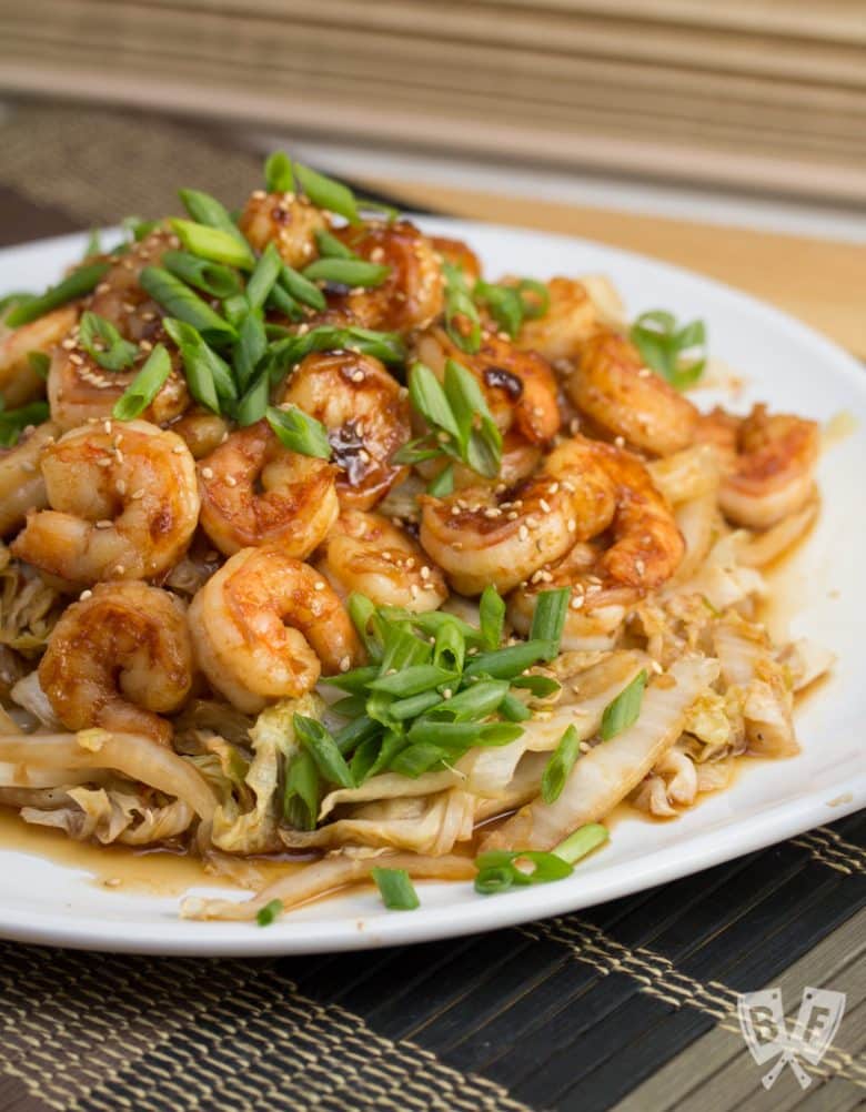 Big platter of Spicy Shrimp + Napa Cabbage Stir-Fry