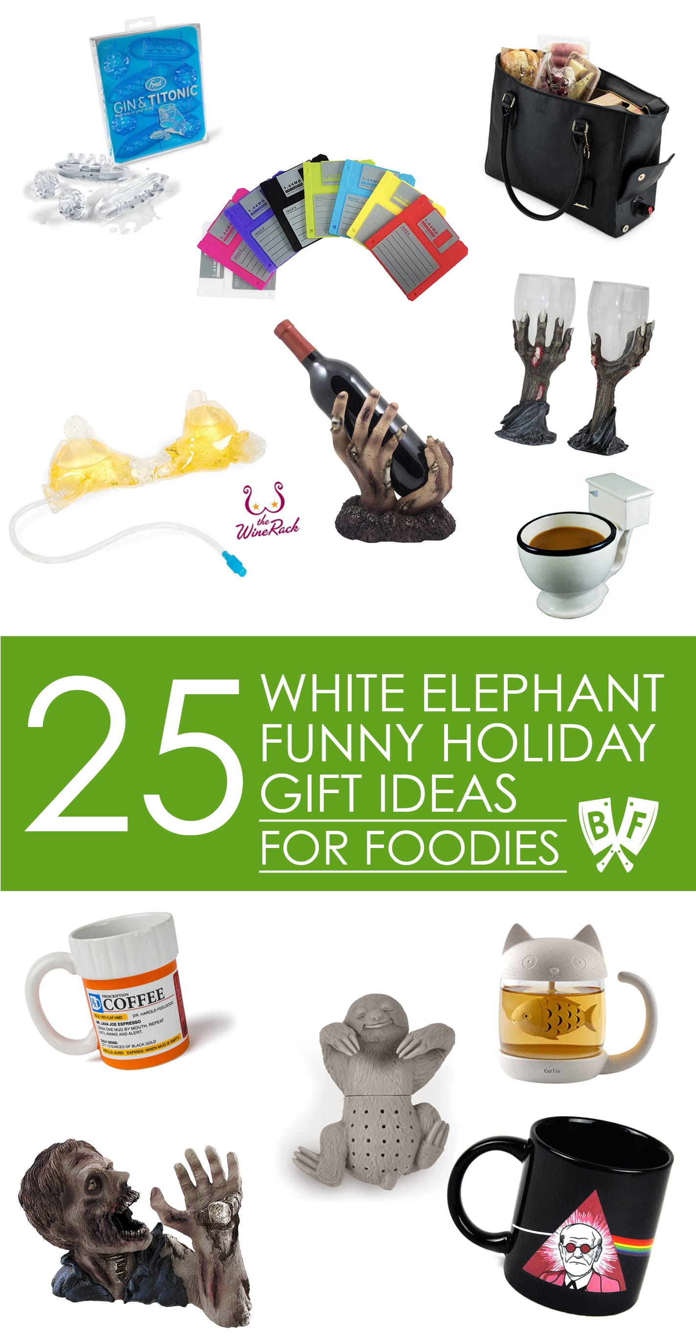 White Elephant Funny Holiday Gift Ideas for Foodies: Looking for funny stocking stuffers + holiday gift ideas for the food lovers in your life? This collection of 25 food + drink items is sure to be a hit!