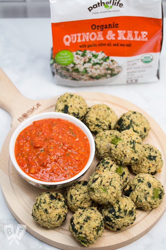 Goat Cheese-Stuffed Quinoa & Kale Balls with Romesco Sauce: (#ad) This hearty goat cheese-stuffed vegetarian "meatball" recipe with quick romesco sauce makes an elegant party appetizer or main course for Meatless Monday!