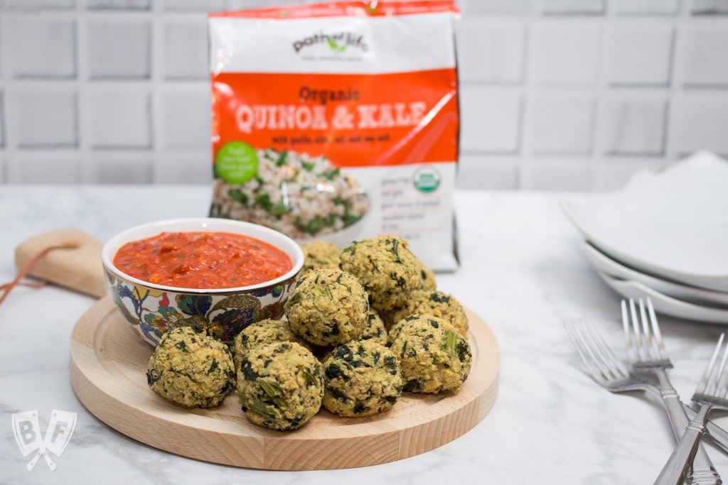 Goat Cheese-Stuffed Quinoa & Kale Balls with Romesco Sauce: (#ad) This hearty goat cheese-stuffed vegetarian "meatball" recipe with quick romesco sauce makes an elegant party appetizer or main course for Meatless Monday!