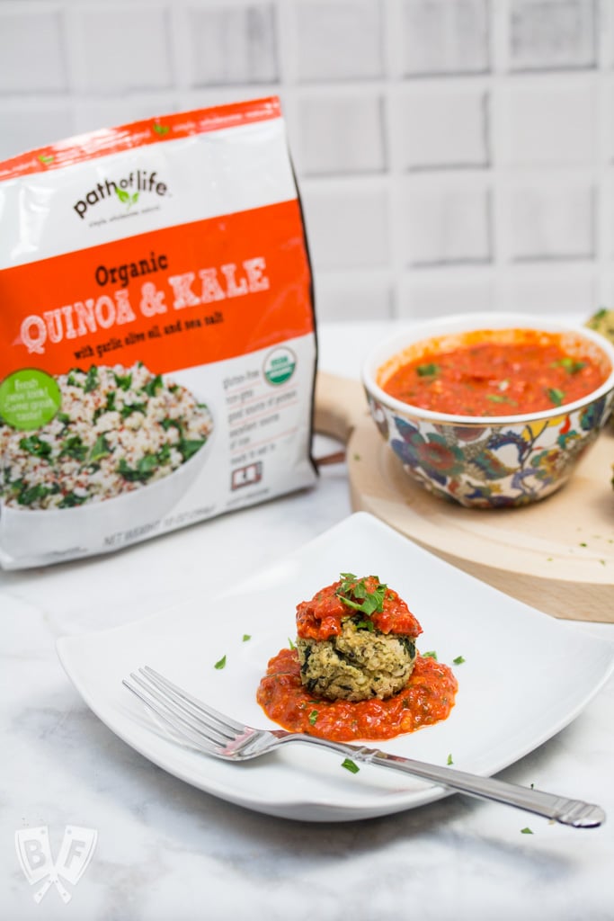 Goat Cheese-Stuffed Quinoa & Kale Balls with Romesco Sauce: (#ad) This hearty goat cheese-stuffed vegetarian "meatball" recipe with quick romesco sauce makes an elegant party appetizer or main course for Meatless Monday!