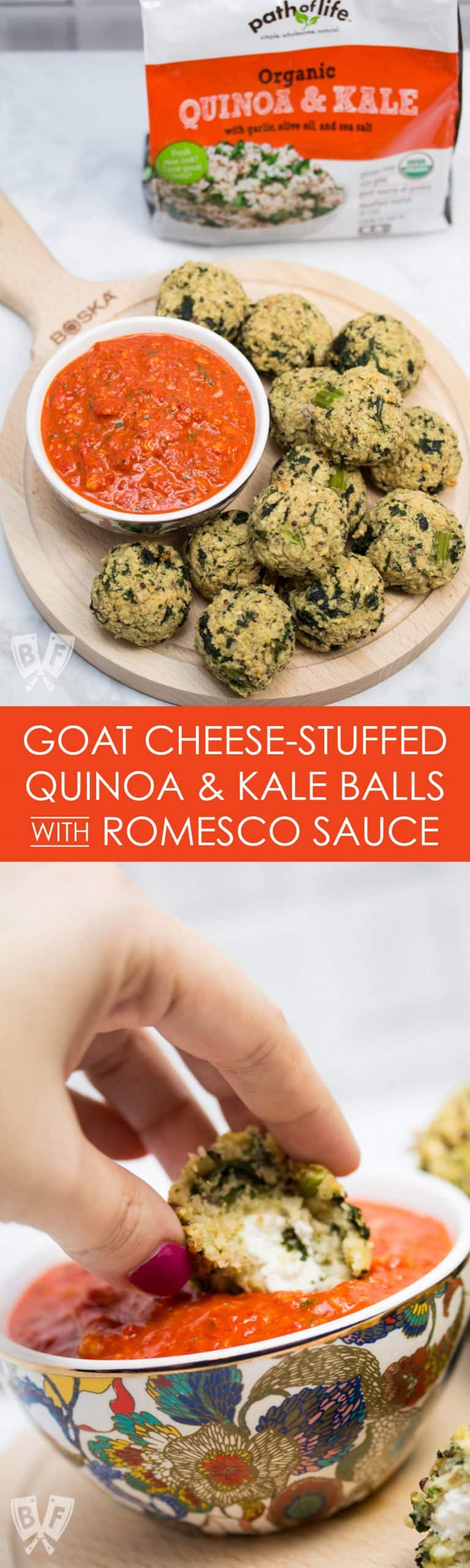 Goat CheeseStuffed Quinoa & Kale Balls with Romesco Sauce