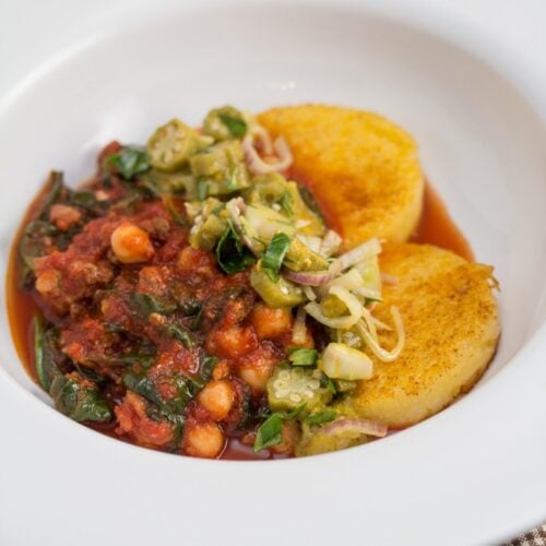 Crispy polenta with chickpea ragout and pickled okra relish.