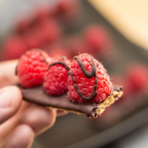 Close-up of a hand holding a chocolate raspberry petit four.