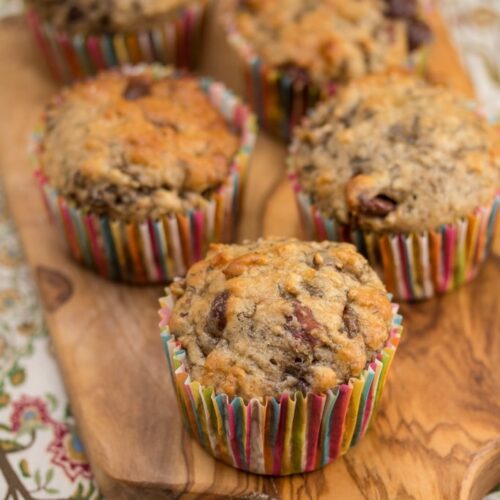 Close-up of banana nut chocolate chip muffins.