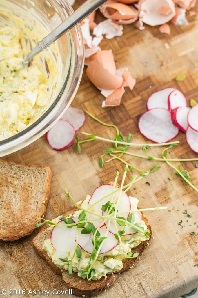 Overhead view of French-Inspired Egg Salad Sandwiches.