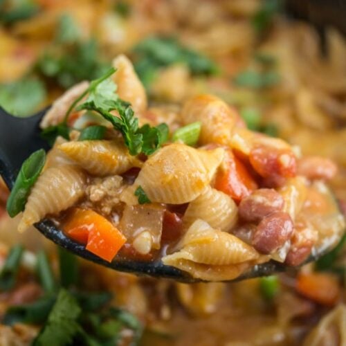 A close-up of a spoonful of chili mac.