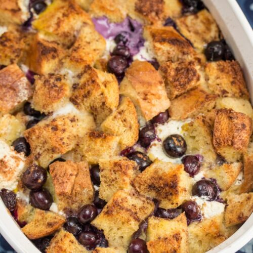 Blueberry Cream Overnight French Toast Casserole.