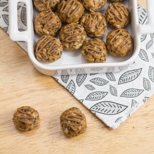 Mulberry-hemp energy balls in a serving dish.