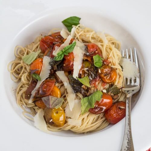 Balsamic Roasted Grape Tomatoes Over Angel Hair.