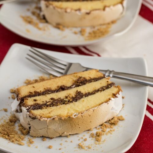 Slices of layered pound cake with Nutella, graham crackers, and toasted marshmallow topping.