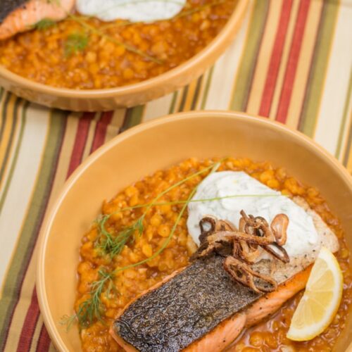 2 bowls of Crispy Skinned Salmon Over Red Lentils with Caper Dill Yogurt Sauce.