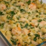 Shrimp and gruyere pasta in a baking dish.