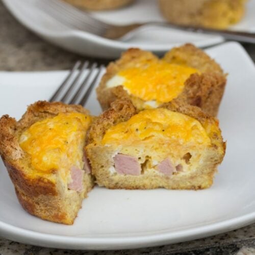 Cross-section view of mini ham and cheese egg muffins.