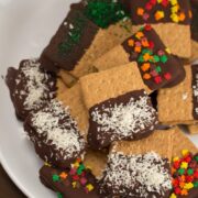 A plate of frozen chocolate peanut butter banana graham crackers.