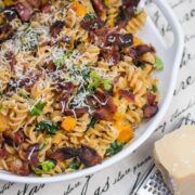 Red Lentil Fusilli with Bacon, Butternut Squash, and Spinach