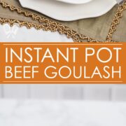 2 photos of a heaping portion of mashed potatoes in a bowl with beef goulash poured over top, sprinkled with parsley.