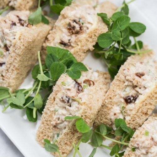 Turkey Salad Tea Sandwiches on a platter.