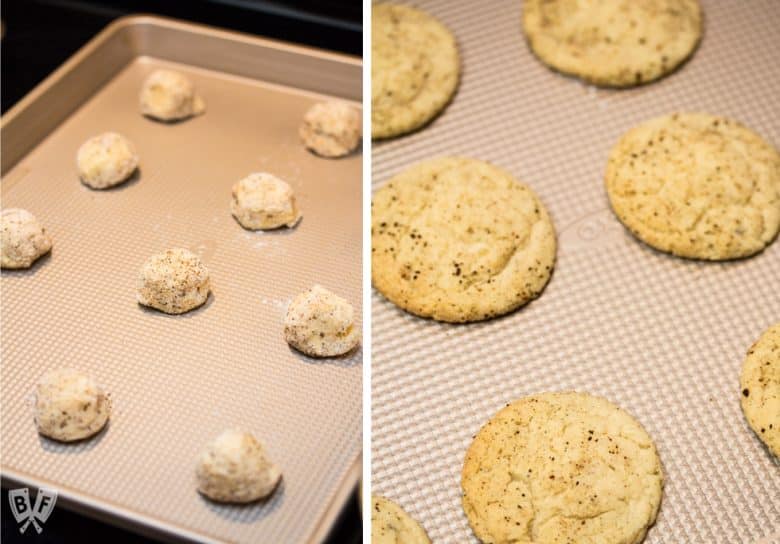 2 photos showing cookie dough balls on a baking sheet next to baked cookies on a baking sheet.