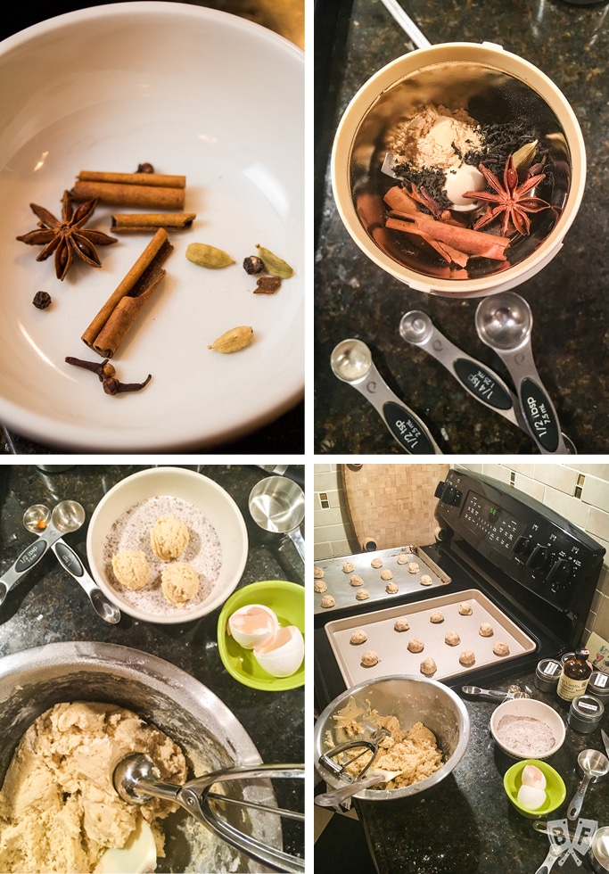 4 photos showing spices in a bowl, a spice grinder, a bowl of cookie dough, and cookie dough balls on baking sheets.