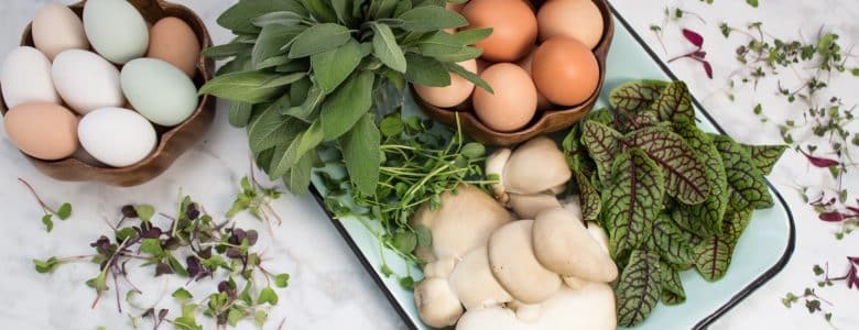 Overhead view of farm fresh produce and eggs.