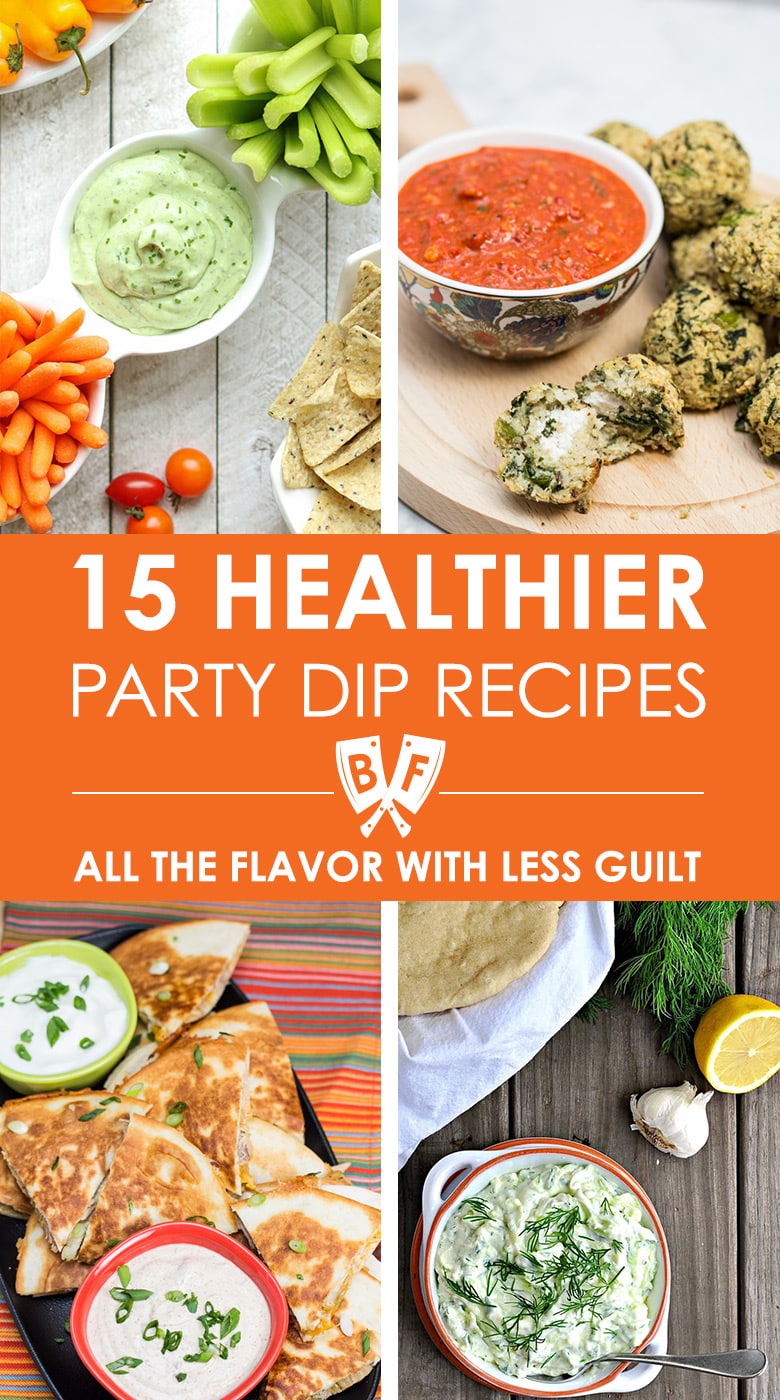 4 images of different appetizer dips with text overlay that says 15 Healthier Party Dip Recipes - All the Flavor with Less Guilt