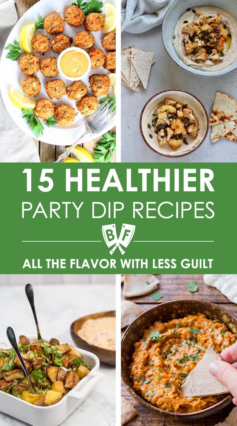 4 images of different appetizer dips with text overlay that says 15 Healthier Party Dip Recipes - All the Flavor with Less Guilt