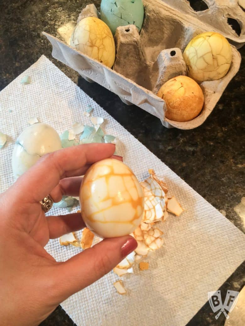 A hand holding a naturally dyed Easter egg with a cracked shell pattern on it and more Easter eggs in a carton in the background.