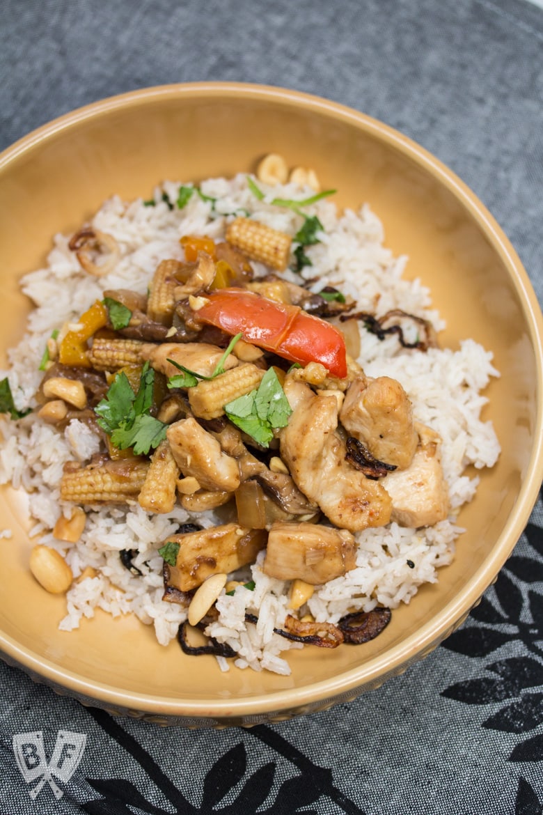 A bowl of stir-fry over rice.