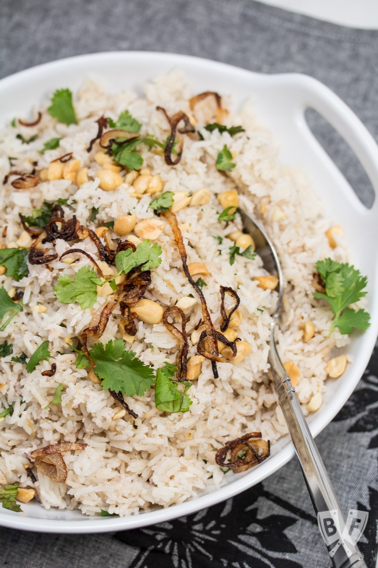 Overhead view of a bowl of Peanutty Rice with Crispy Fried Shallots.