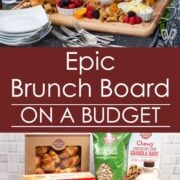 2 photos - 1 side view of a board of assorted breakfast items sitting on an outdoor table and 1 view of the products used to make the board.
