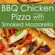 Overhead view of BBQ Chicken Pizza with Smoked Mozzarella on a pizza peel.